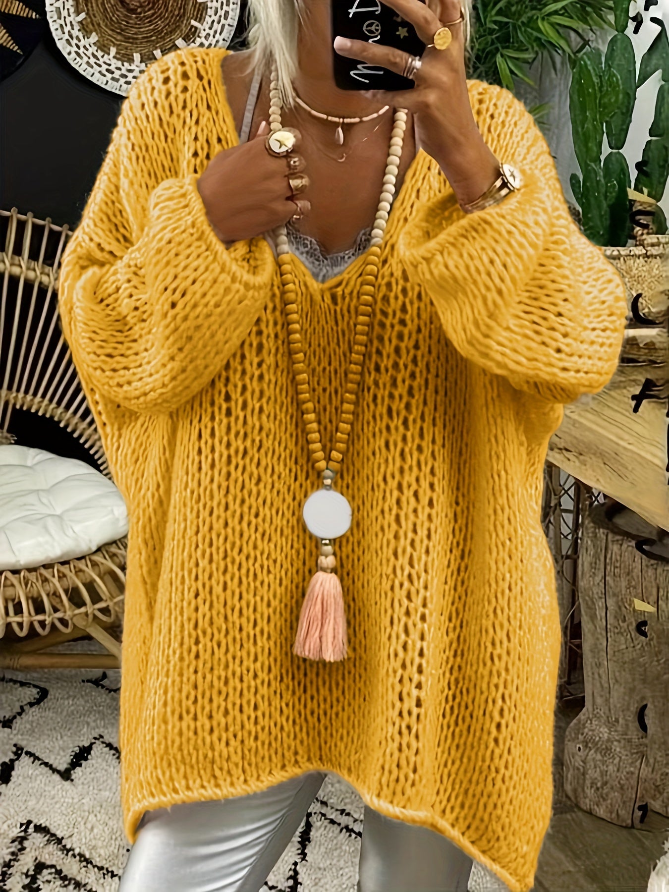 TASHIA - Langärmeliger Pullover mit V-Ausschnitt und Pointelle-Strick
