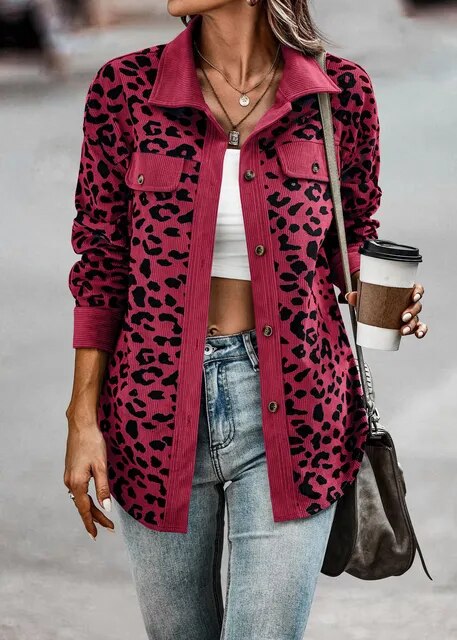 ALLIA - Frühling Leopard Jacke Frauen Kordmantel