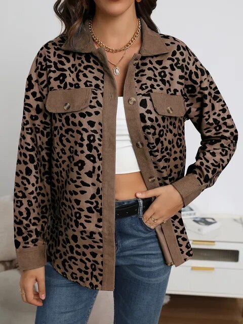 ALLIA - Frühling Leopard Jacke Frauen Kordmantel