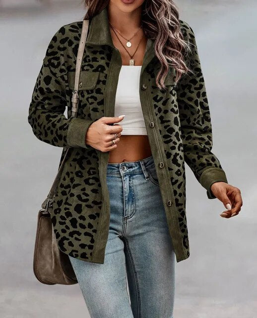 ALLIA - Frühling Leopard Jacke Frauen Kordmantel