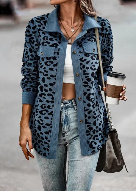 ALLIA - Frühling Leopard Jacke Frauen Kordmantel