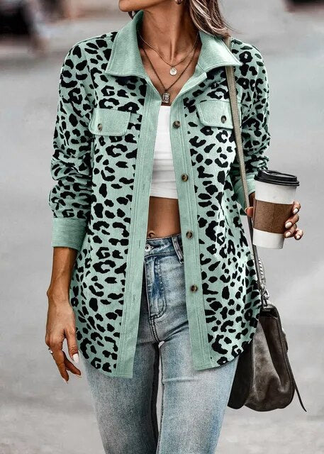ALLIA - Frühling Leopard Jacke Frauen Kordmantel