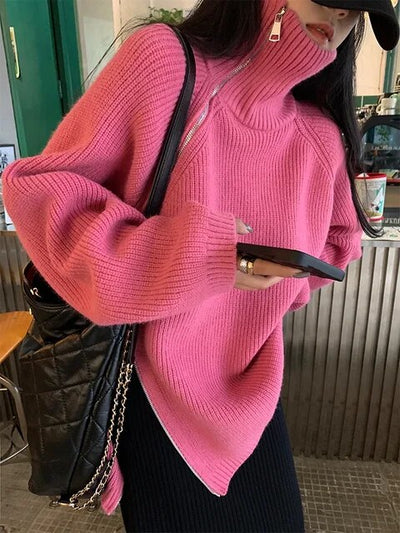 LACIE - Übergroßer dicker Pullover mit hohem Kragen und Reißverschluss