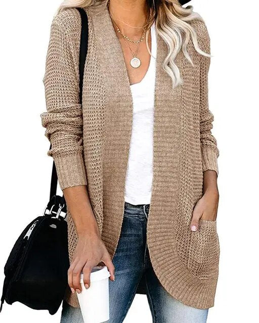 MEILA - Frauen gebogene Knopfleiste große Tasche Pullover Strickjacke