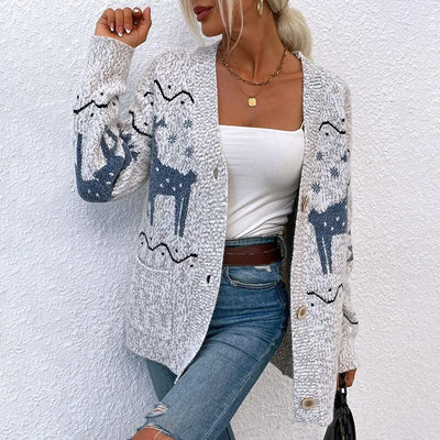 GISELLE - Einreihiger weihnachtlicher Strickpulli in Rehbraun