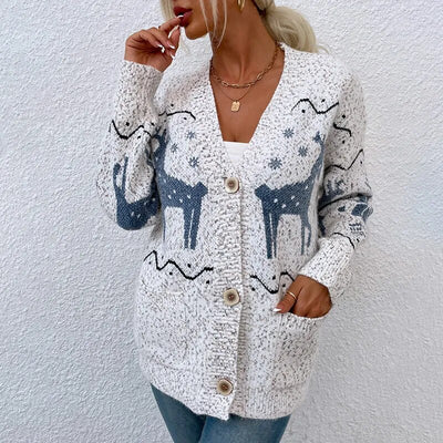 GISELLE - Einreihiger weihnachtlicher Strickpulli in Rehbraun