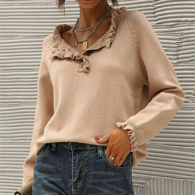 KATE - Pullover mit V-Ausschnitt und Rüschensaum Pullover mit langen Ärmeln