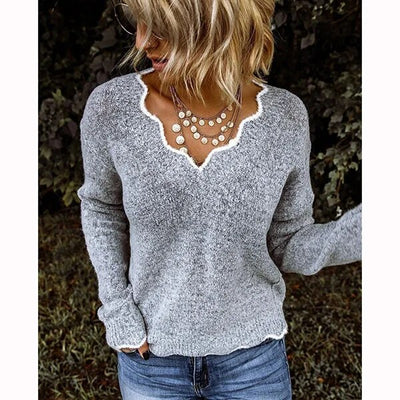 MALIA - Langärmeliger Pullover mit V-Ausschnitt und Muschelmuster
