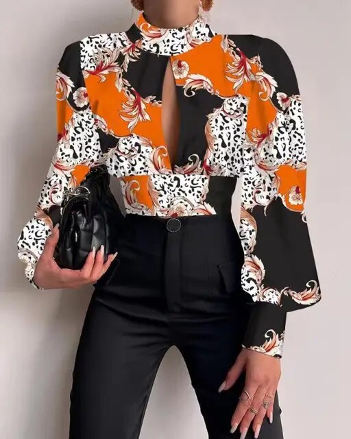 SENGA- Hollow Back Tie Langarm Crop Print Bluse